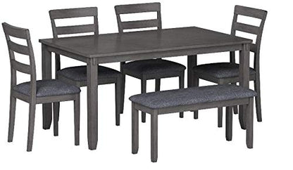 Signature Design by Ashley 6-Piece Dining Table Set with Bench, Gray | Plush gray polyester seats, Wood, veneer and engineered wood build, Space-saving tuck-under bench, Bridson Series - color: Grey