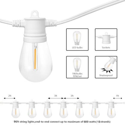 SUNTHIN White Outdoor String Lights, 96FT White Patio Lights with 32 Shatterproof LED Bulbs for Garden, Backyard, Porch, Cafe, Deck, Wedding, Party, Gathering - color: White