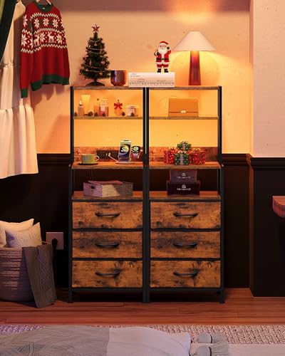 WLIVE Tall Nightstand with 3 Fabric Drawers, Night Stand with Charger Station and Open Shelves, LED Nightstand, Bed Side Table for Bedroom, Living Room, Rustic Brown - color: Rustic Brown, size: 1 Piece, style: 3 Drawers