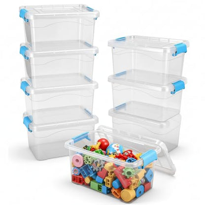 Jetec 8 Pack Clear Plastic Storage Container Bins with Lids 6.5 Qt with Blue Handles, PP Material Storage Containers, Stackable Organizer Bins for Home Office Supplies, 11.02 x 7.48 x 6.02''