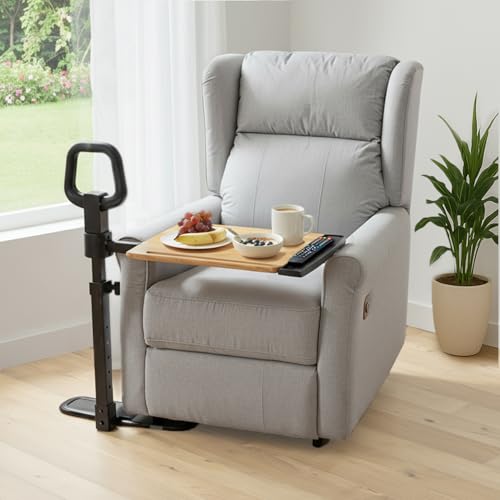 PELEGON Tray Table, 360° Swivel Table for Recliner, Adjustable Height with X-Large Table for Eating and Laptop, TV Trays for Couches & Chairs with Ergonomic Stand Assist Safety Handle for Elderly - color: Wood
