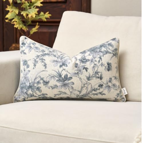 Vintage Floral Pillow Cover 12 x 20 Inches, Nature Chenille Rectangle Throw Pillow Cover Soft Luxury Neutral Accent Couch Pillow Cover for Living Room Bedroom, Blue - color: Gray Blue, size: 20" x 12" (Pack of 1)