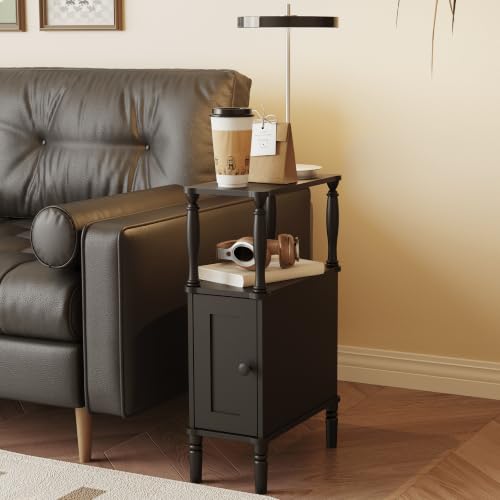 Veegle Narrow Nightstand,Skinny End Side Table (Black) | Mid-Century Modern Night stand with Storage,bedside table for Bedroom and Living Room - color: Black