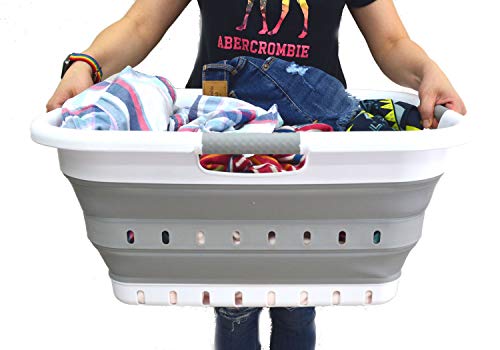 SAMMART 41L (10.8 gallon) Collapsible 3 Handled Plastic Laundry Basket - Foldable Pop Up Storage Container/Organizer - Portable Washing Tub - Space Saving (3 handled rectangular, White/Grey)