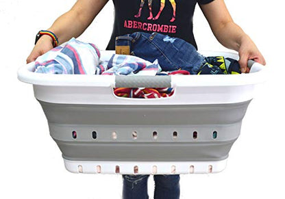 SAMMART 41L (10.8 gallon) Collapsible 3 Handled Plastic Laundry Basket - Foldable Pop Up Storage Container/Organizer - Portable Washing Tub - Space Saving (3 handled rectangular, White/Grey)