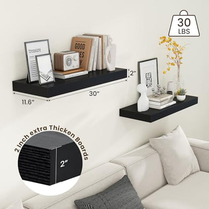 30 Inch Floating Shelves, 12'' Deep Black Shelves for Wall Set of 2 | Invisible Brackets, Engineered Wood, Mounting Hardware Included, 45LBS, Bathroom, Laundry Room, Kitchen, Living Room - color: Black, size: 30W x 11.6D x 2H, 2 Pack