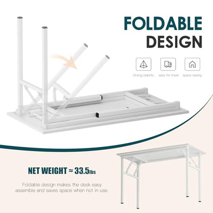 DlandHome 39" Computer Desk with Power Outlets & LED Lights, White, Bedroom | Folding Desk with Monitor Stand, Writing Study Table Gaming Desk, Metal Frame, Fully Assembled, Home Office Small Spaces - color: White + White, size: 39 Inches + Outlets