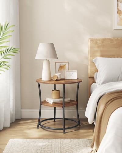 VASAGLE 21.7-Inch Round Side Table, 2-Tier End Table | Nightstand with Steel Frame, Spacious Top, for Small Spaces, Living Room, Bedroom, Honey Brown and Ink Black ULET056B41 - color: Honey Brown + Ink Black, style: Without Power Strip