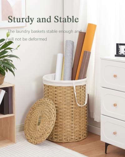 SETVSON Laundry Basket with Lid Round 29.1 Gal PE Rattan, Natural | Family Clothes & Blanket Trunk with Lid, Removable Liner Bag with Handles, 2 Mesh Wash Bags, Collapsible Steel Frame - color: Natural, size: 110 L