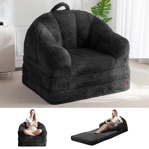 MAXYOYO Folding Sofa Bed, 2 in 1 Convertible Sofa to Lounger | Comfy Single Bean Bag Chair for Adults, Floor Couch with Handle, Faux Fur Couch Bed for Living Room Bedroom, Black - color: Black, size: Single