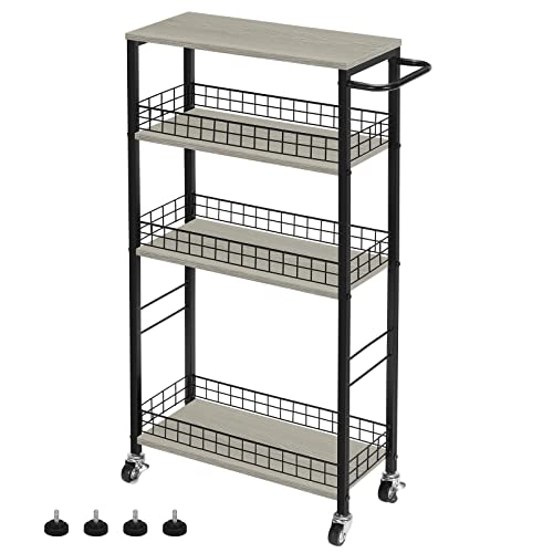YBING Slim Storage Cart 4 Tier Narrow Rolling Cart, 7.3'' Wide | Mobile Kitchen Narrow Cart, Wooden Tabletop, With Handle, For laundry Living Room, Grey - color: Grey