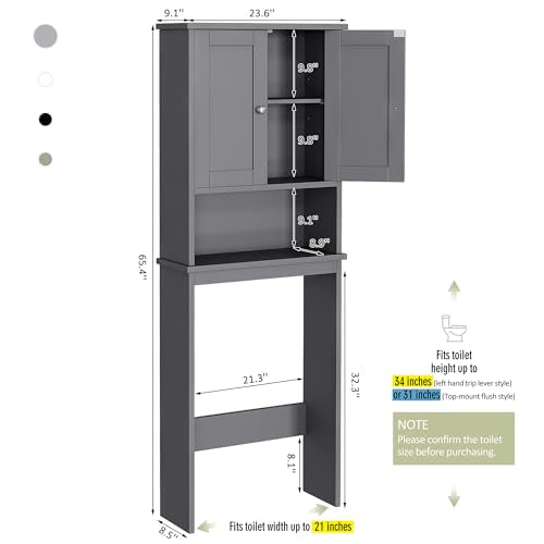 Over the Toilet Storage Cabinet, Bathroom Storage Cabinet Over Toilet with 2 Wood Doors, Freestanding Space Saver, Adjustable Shelf & Open Shelf, Grey - color: Grey, style: Wood Doors