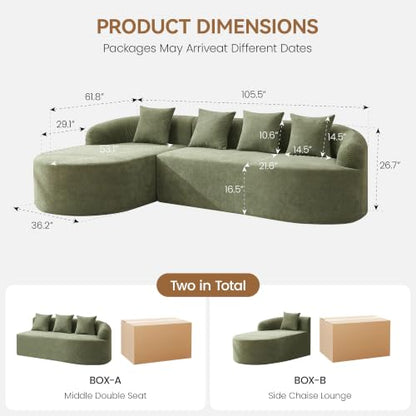 105" Boneless L Shaped Couch, Curved Sofas for Living Room, Chenille Green | Sectional Cloud Sofa with Chaise Lounge, 17" Thickened Cushion, 21.5" Deep Seat, Comfy Back Pillow, No Assembly - color: Green, size: L-Shaped Sofa