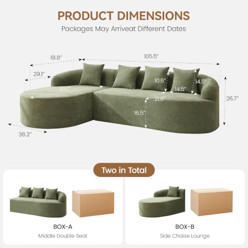105" Boneless L Shaped Couch, Curved Sofas for Living Room, Chenille Green | Sectional Cloud Sofa with Chaise Lounge, 17" Thickened Cushion, 21.5" Deep Seat, Comfy Back Pillow, No Assembly - color: Green, size: L-Shaped Sofa