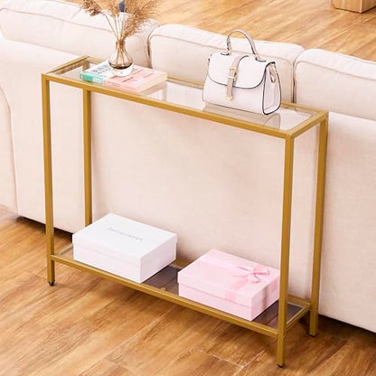 Small Modern Console Table for Entryway, Tempered Glass with Metal Frame Sofa Table for Living Room, Hallway, Office (Double-Layer, Gold) - color: Gold, style: Double-layer