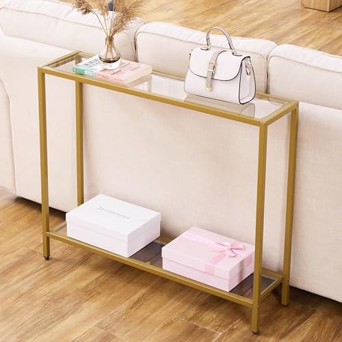 Small Modern Console Table for Entryway, Tempered Glass with Metal Frame Sofa Table for Living Room, Hallway, Office (Double-Layer, Gold) - color: Gold, style: Double-layer