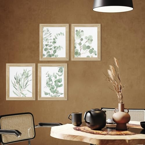 Botanical Plant Wall Art Prints: Sage Green Eucalyptus Picture Decor 4 Piece Framed Boho Leaves Poster for Bathroom Bedroom Living Room Home Decoration 8" x 10"