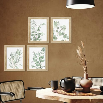 Botanical Plant Wall Art Prints: Sage Green Eucalyptus Picture Decor 4 Piece Framed Boho Leaves Poster for Bathroom Bedroom Living Room Home Decoration 8" x 10"