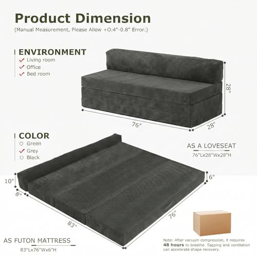 5-in-1 Convertible Sofa Bed, Boneless Loveseat with Removable Cushions & Washable Cover,Futon Sofa Bed with Handle, Pull Out Couch for Small Spaces, King Size, Grey - color: Grey, size: King Size-83''L*76''W