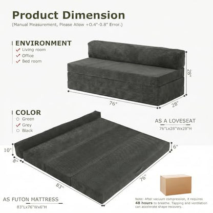 5-in-1 Convertible Sofa Bed, Boneless Loveseat with Removable Cushions & Washable Cover,Futon Sofa Bed with Handle, Pull Out Couch for Small Spaces, King Size, Grey - color: Grey, size: King Size-83''L*76''W