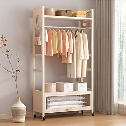 Heavy Duty Clothes Rack with Frosted Storage Cabinet, 520 Lbs Load Capacity Rolling Garment Rack with 360° Lockable Wheels, 4 Hooks & Top Shelf, Modern Metal Closet Organizer for Bedroom, White