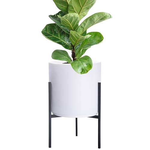 D'vine Dev Cylinder Planter Pot with Metal Stand, White, 8 in, 96-T-A-1 | Durable Fiberclay Construction, Sleek Modern Design, Heavy-Duty Iron Stand, Drainage Hole & Saucer, Elegant Indoor Display - color: White, size: Small 8 Inch