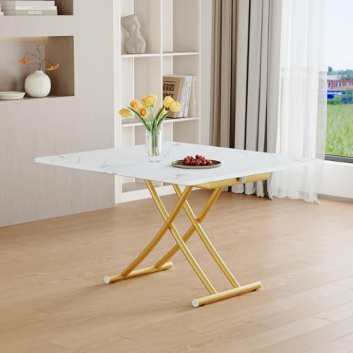 Liftable Folding Dining Table for 4, Adjustable Drop Leaf Table, Folding Coffee Table for Small Spaces, Scratch-Resistant Wood Top with Metal Frame for Apartment Kitchen Living Room - color: White-gold