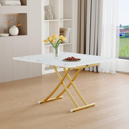 Liftable Folding Dining Table for 4, Adjustable Drop Leaf Table, Folding Coffee Table for Small Spaces, Scratch-Resistant Wood Top with Metal Frame for Apartment Kitchen Living Room - color: White-gold
