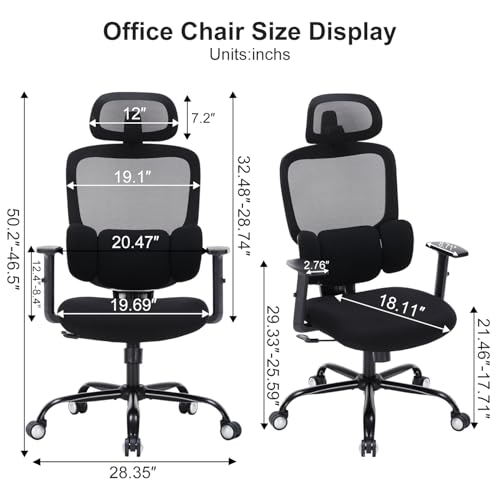 Office Chair Ergonomic Desk Chairs with Adjustable Lumbar Support & Headrest, Mesh High Back Home Office Desk Chairs with Adjustable Height Armrests, Comfy Swivel Task Computer Chair