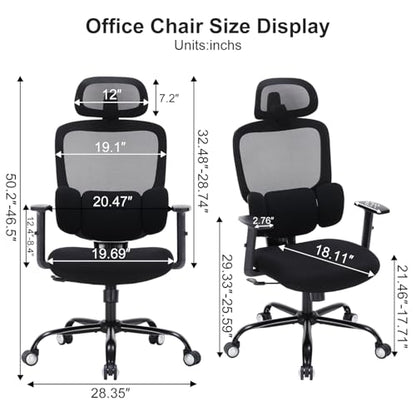Office Chair Ergonomic Desk Chairs with Adjustable Lumbar Support & Headrest, Mesh High Back Home Office Desk Chairs with Adjustable Height Armrests, Comfy Swivel Task Computer Chair