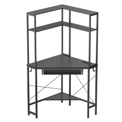 Corner Desk with Hutch and LED Light, Keyboard Tray, Carbon Black - color: Carbon Black