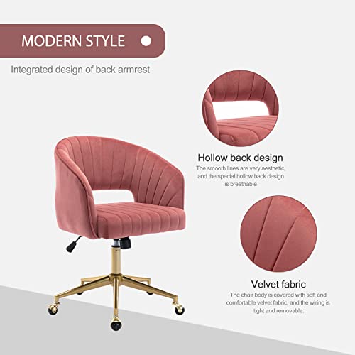 Velvet Home Office & Living Room Desk Chairs with Adjustable Swivel Wheels, Ergonomic Upholstered Office Chair for Bedroom, Vanity Study (Rose) - color: Rose