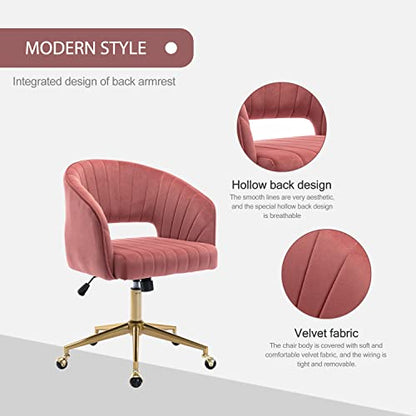 Velvet Home Office & Living Room Desk Chairs with Adjustable Swivel Wheels, Ergonomic Upholstered Office Chair for Bedroom, Vanity Study (Rose) - color: Rose