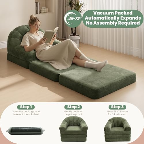 Yaheetech 93" Folding Sofa Bed Convertible Sofa Chenille, Green | Foldable Sofa Bed Convertible Chair Sleeper Chenille Couch with Handle, U-Shape Support for Living Room, Bedroom, Apartment - color: Green