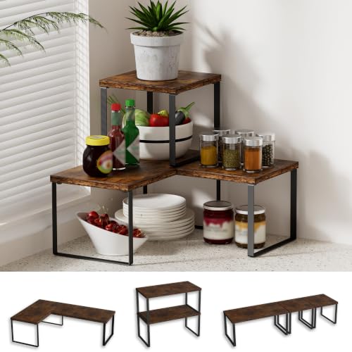 Countertop Shelf, Kitchen Counter Organizer, Adjustable, Stackable | Kitchen Countertop Organizer, Spice Rack, 2-Tier Countertop Shelves, Corner Desk Shelf, Corner Counter Shelf, Rustic Brown - color: Rustic Brown