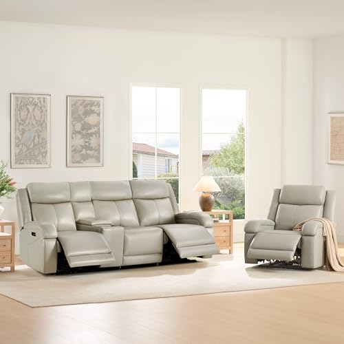 Watson & Whitely Wall Hugger Power Reclining Sofa with Console, Grey | Genuine Leather Recliner Sofa, Power Headrests, Center Storage Console, Cup Holders, 3-Seater Couch, Living Room & RV - color: Grey, style: 3 Seater Sofa (with console)