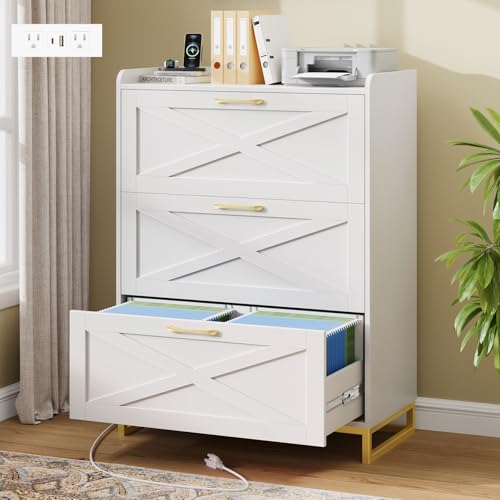 Vabches File Cabinet 3 Drawers Lateral File Cabinet with Charging Station for Letter/Legal/A4 Size Hanging Files, Large Wood File Storage Cabinets Printer Stand for Home Office, White and Gold - color: White and Gold