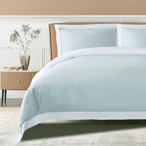 THE COTTON & SILK® Long-Staple Cotton Duvet Cover Set - King Size | Misty Blue + White | 1 Duvet Cover & 2 Pillow Shams | Soft, Breathable, Comfortable, Luxury | Sateen Weave | Genuine 300 TC - color: Misty Blue + White, size: King Set (105“ x 93", 20"x36