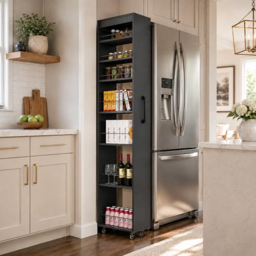 7-Shelf Tall Narrow Storage Cabinet with Wheels, 71 Inch, Black | Slim Pull-Out Organizer, 7.87 Inch Wide for Small Spaces Between Washer/Dryer, Kitchen, Bathroom and Laundry Room - color: E-black