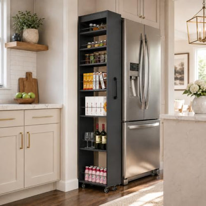 7-Shelf Tall Narrow Storage Cabinet with Wheels, 71 Inch, Black | Slim Pull-Out Organizer, 7.87 Inch Wide for Small Spaces Between Washer/Dryer, Kitchen, Bathroom and Laundry Room - color: E-black