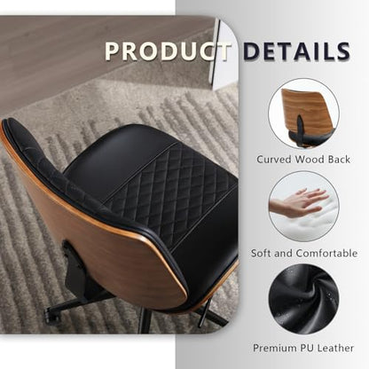 Home Office Chair No Arms with Wheels, Mid Back Walnut Style,Black-2 | Adjustable Height Small Desk Chair, PU Leather Mid Back 360 Swivel Computer Seating, Armless Walnut Office Chair, 300LBS - color: Black, size: MCM Style-2Pack