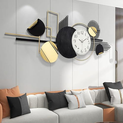 ERMOFAV Metal Wall Art, Black and White Decor for Living Room, Abstract Modern Creative Geometric Round Art Decor 57" × 23" Large 3D Wall Clock for Bedroom, Dining Room, Home Hanging Wall Sculpture