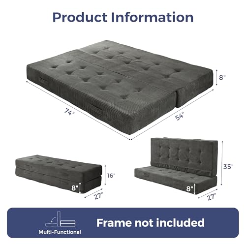 MAXYOYO Foldable Mattress, 8-Inch Tufted Futon Mattress with Handles | Tufted Floor Sofa Bed and Versatile Mattress, Carry Handles for Living Rooms or Guest Rooms, Frame Not Included, Dark Grey - color: Dark Grey