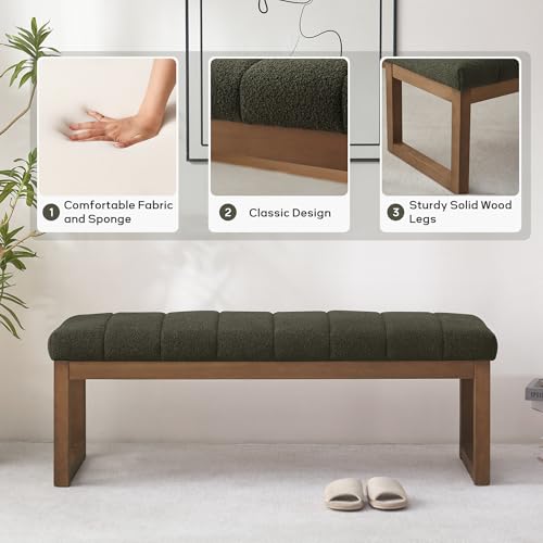 Zihanhome 52.7" Bedroom Bench for End of Bed, Modern Upholstered Teddy Fabric Entryway Bench & Dining Bench, Footrest Stool Bench with Solid Wood Frame for Bedroom, Living Room (Green) - color: Green