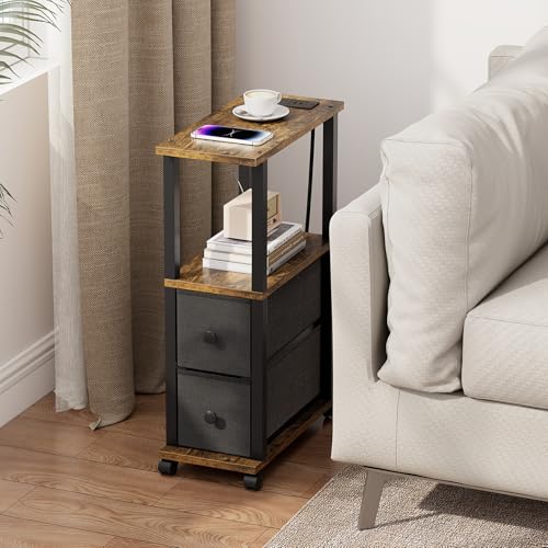 TUTOTAK Small Narrow End Tables, Side Tables with 2 Fabric Drawers, Set of 2, Bedside Tables with Charging Station for Small Spaces, Slim Nightstands with USB Ports and Wheels, TB01BB053 - color: Brown, style: with Outlets