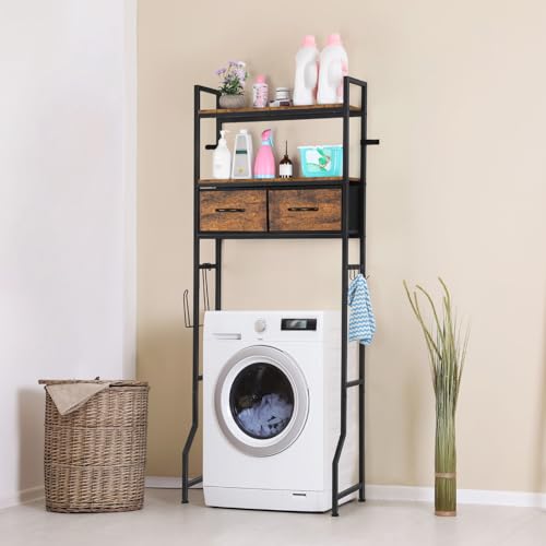 YBING Over The Toilet Bathroom Storage Cabinet for Freestanding, Above Toilet Shelf with Fabric Drawer, Tall Bathroom Shelf Organizer with Toilet Paper Holder, Brown - color: Brown