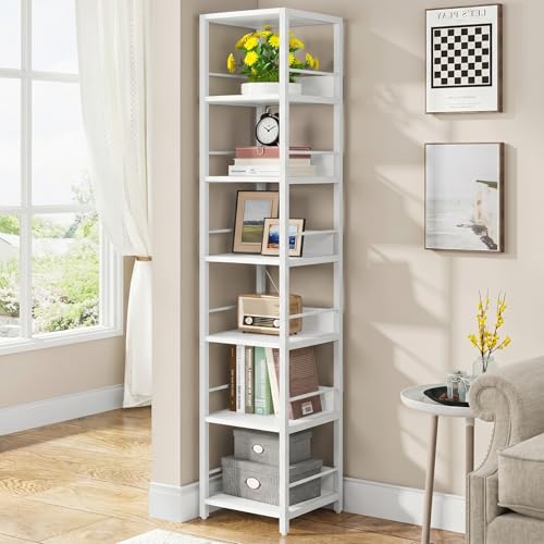 LITTLE TREE 75 Inch Tall Narrow Corner Shelf for Small Spaces | 6-Tier Bookshelf Multipurpose Storage Rack Shelves, Etagere Bookcase Skinny Shelf Tower Plant Stand for Living Room, White - color: White