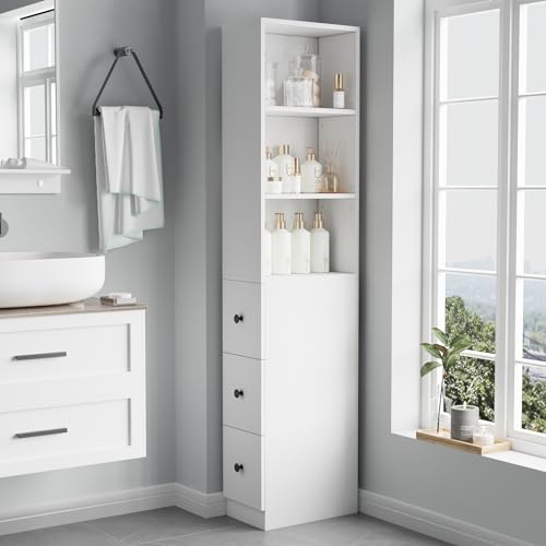 ARTETHYS Tall Slim Bathroom Storage Cabinet with 3 Adjustable Shelves | Free Standing Space Saver Cabinet with 3 Drawers for Living Room, Kitchen, Classic White - color: White