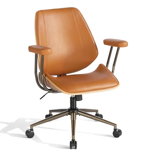 Modern Mid Back Office Chair, Adjustable Swivel Desk Chair with Arms, Brown | Faux leather seat, wood accent detail, mid-back with padded armrests, adjustable swivel, for home office, bedroom & study - color: Brown, size: 1-Piece Back / No Headrest