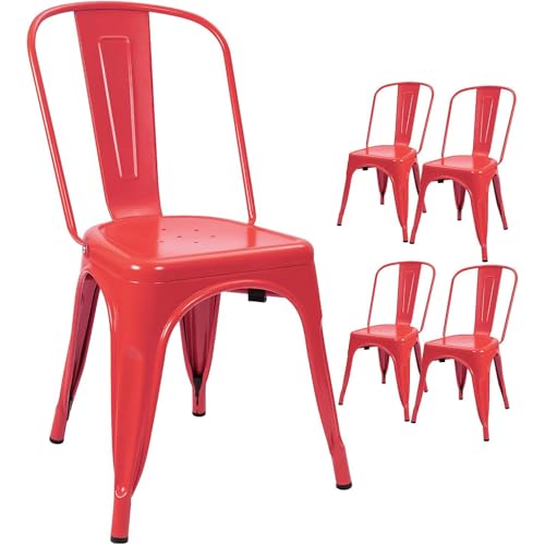 Devoko Metal Indoor-Outdoor Chairs Distressed Style Kitchen Dining Chairs Stackable Side Chair with Back Set of 4 (Red) - color: Red